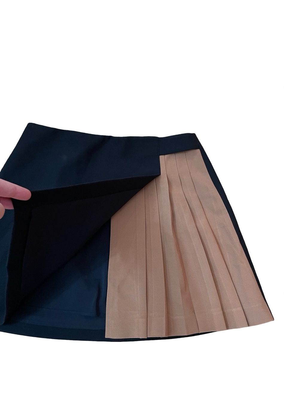 ALICE + OLIVIA TONI MINI SKIRT Colorblock Pleated Black Camel - Picture 4 of 10
